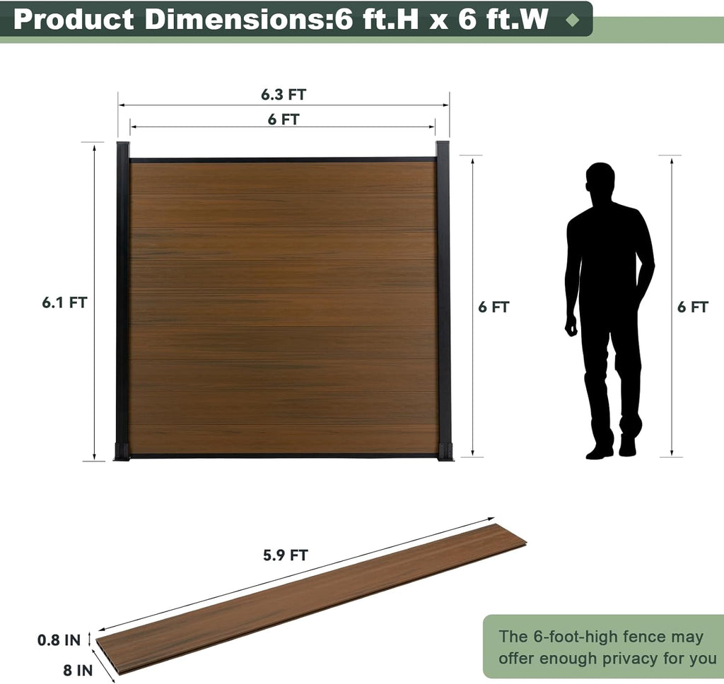 Privacy Fence Panels for Outside,6ft(W) x 6ft(H) Outdoor Privacy Panels with 1 Post,Wind Resistant Wood Plastic Composite Fencing Panels for Patio,Backyard,Garden and Swimming