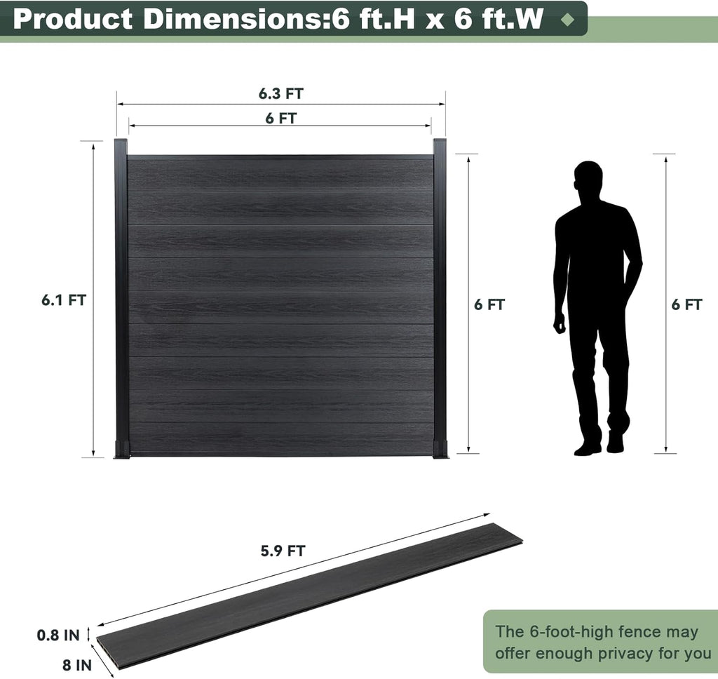 Fence Panels for Outside,6ft(W) x 6ft(H) Outdoor Privacy Panels with 1 Post,Wind Resistant Wood Plastic Composite Fencing Panels for Patio,Backyard,Garden and Swimming Pool(Black)