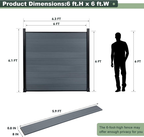 Privacy Fence Panels for Outside,6ft(W) x 6ft(H) Outdoor Privacy Panels with 1 Post,Wind Resistant Wood Plastic Composite Fencing Panels for Patio,Backyard,Garden and Swimming Pool(Grey)