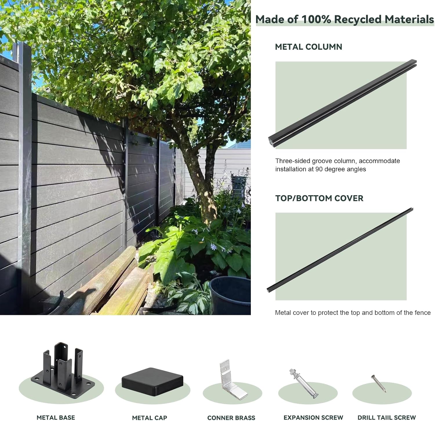 Privacy Fence Panels for Outside,6ft(W) x 6ft(H) Outdoor Privacy Panels with 1 Post,Wind Resistant Wood Plastic Composite Fencing Panels for Patio,Backyard,Garden and Swimming Pool(Grey)