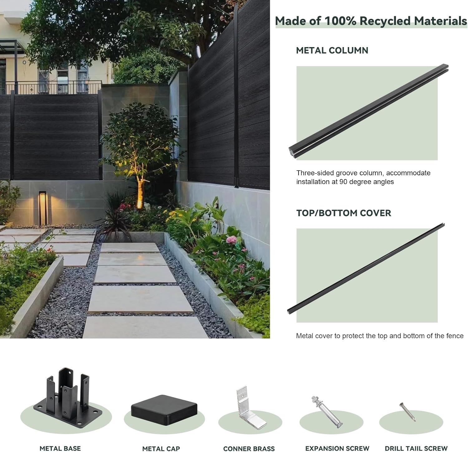 Fence Panels for Outside,6ft(W) x 6ft(H) Outdoor Privacy Panels with 1 Post,Wind Resistant Wood Plastic Composite Fencing Panels for Patio,Backyard,Garden and Swimming Pool(Black)