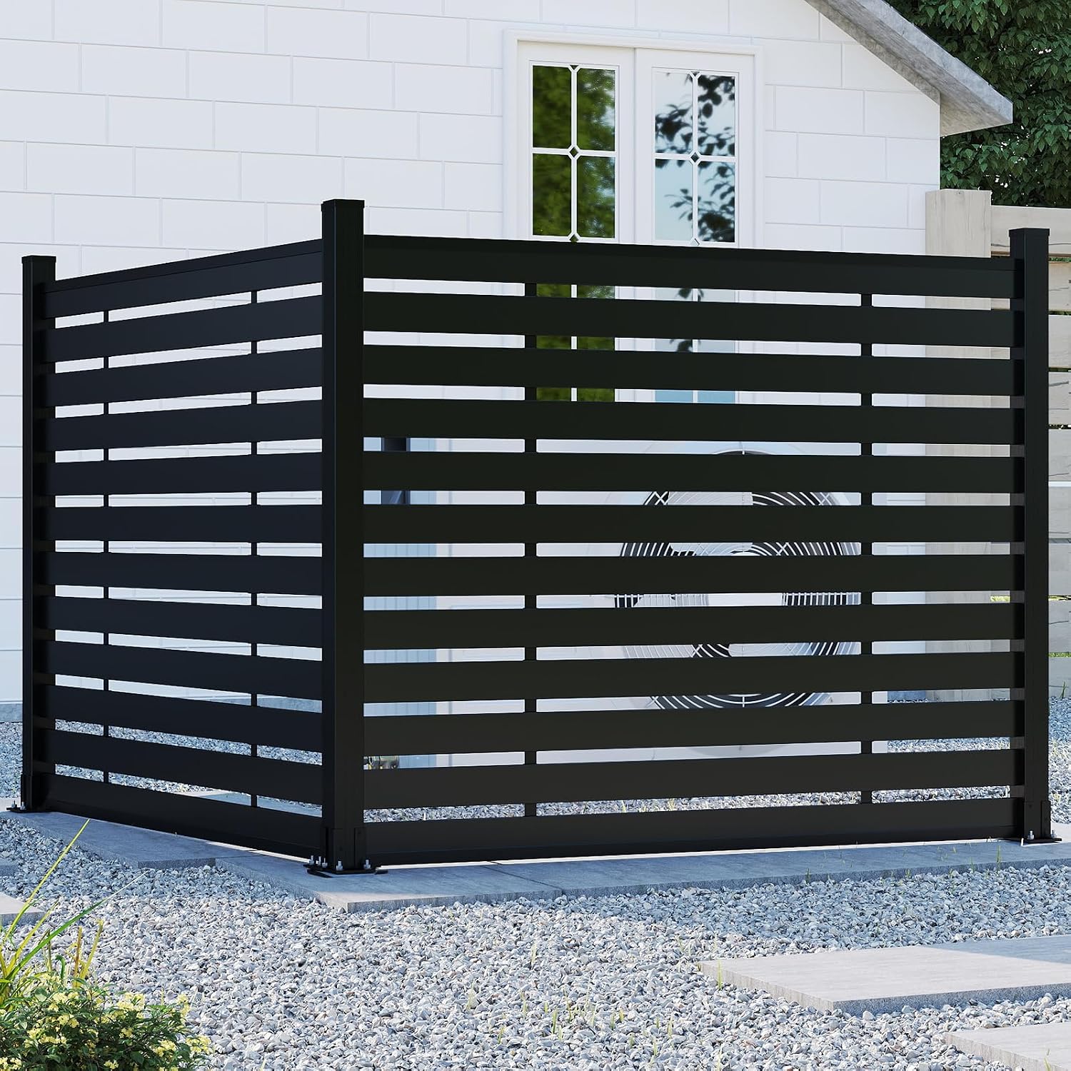 (围栏全间隔 ) 72" W x 59" H Outdoor Privacy Screens, Horizontal Lattice Air Conditioner Fence Panels, Wood Plastic Composite No Dig Decorative Fences for Pool Equipment Trash Can(Brown,1 Post)