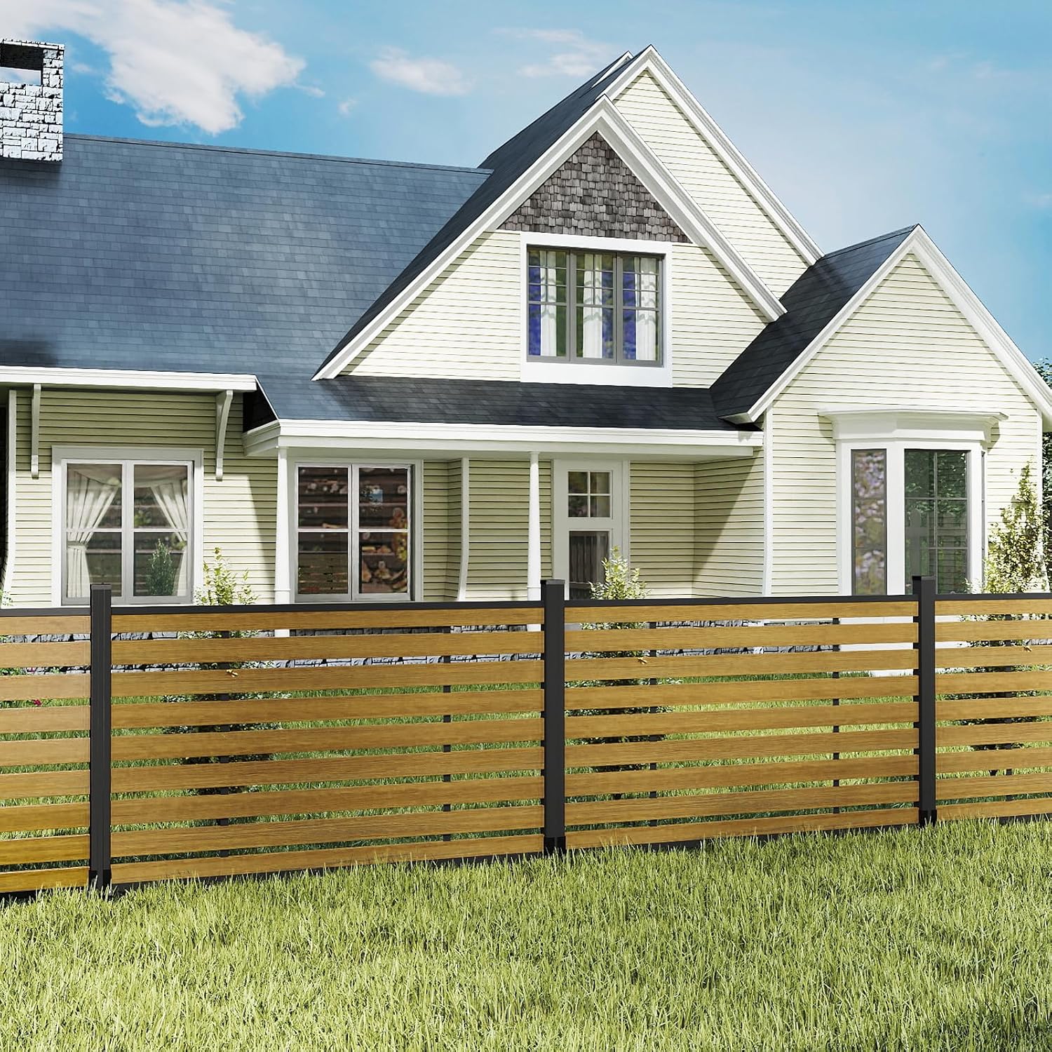 (围栏 全间隔 )Garden Fence, 72" W x 45" H Outdoor Privacy Screens Horizontal Lattice Decorative Fences Wood Plastic Composite Fence Panels No Dig for Front Yard (Gray, 1 Post)