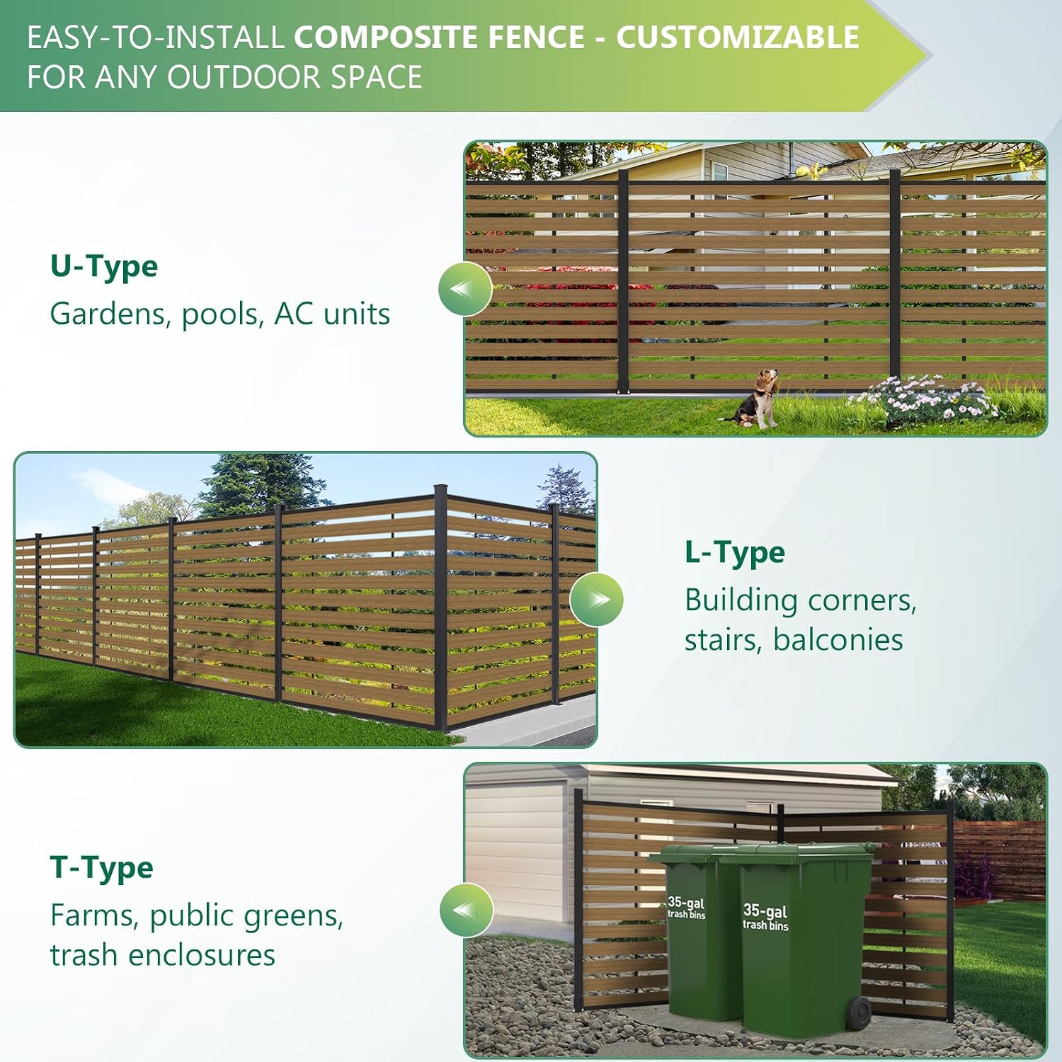 (围栏全间隔 ) 72" W x 59" H Outdoor Privacy Screens, Horizontal Lattice Air Conditioner Fence Panels, Wood Plastic Composite No Dig Decorative Fences for Pool Equipment Trash Can(Brown,1 Post)