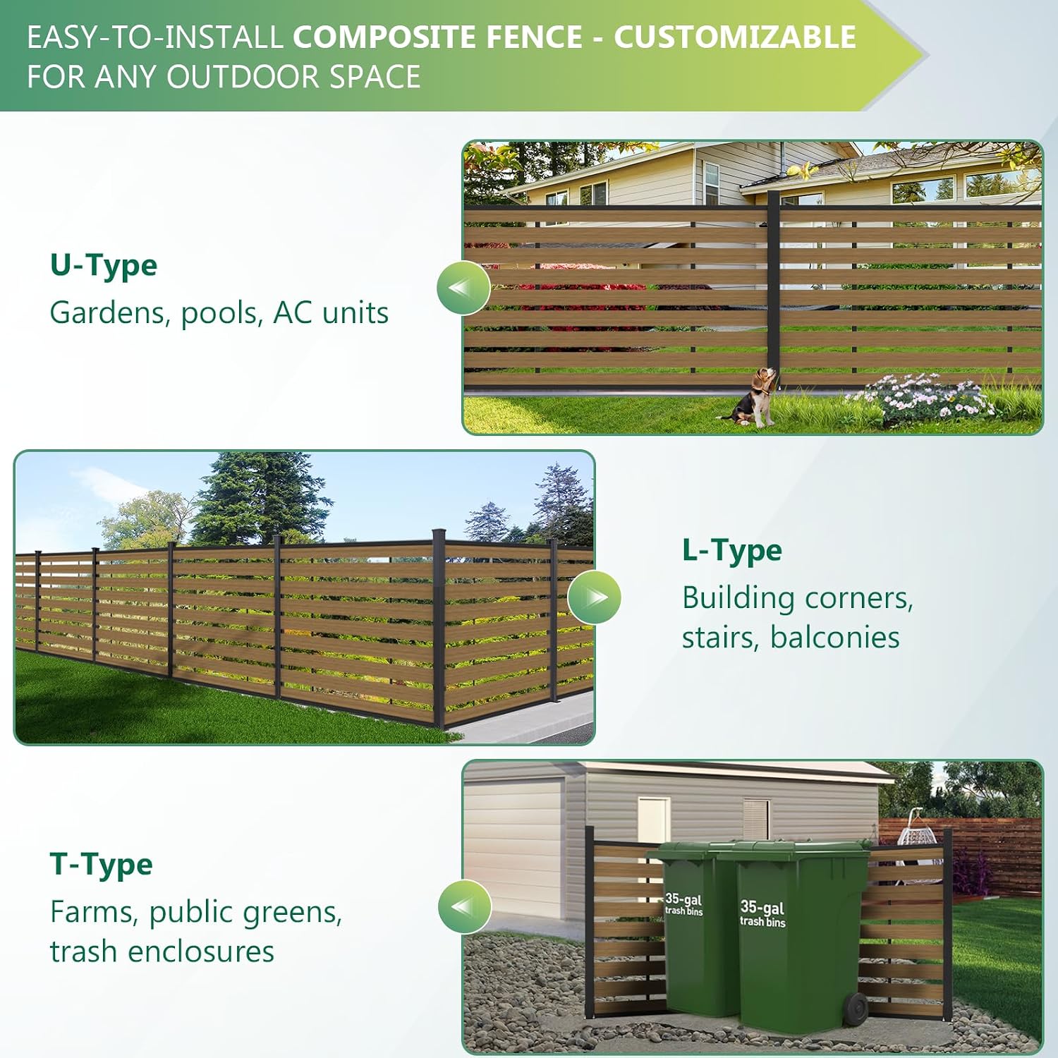 (围栏 全间隔 )Garden Fence, 72" W x 45" H Outdoor Privacy Screens Horizontal Lattice Decorative Fences Wood Plastic Composite Fence Panels No Dig for Front Yard (Gray, 1 Post)