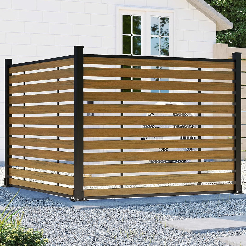 (围栏全间隔 ) 72" W x 59" H Outdoor Privacy Screens, Horizontal Lattice Air Conditioner Fence Panels, Wood Plastic Composite No Dig Decorative Fences for Pool Equipment Trash Can(Brown,1 Post)