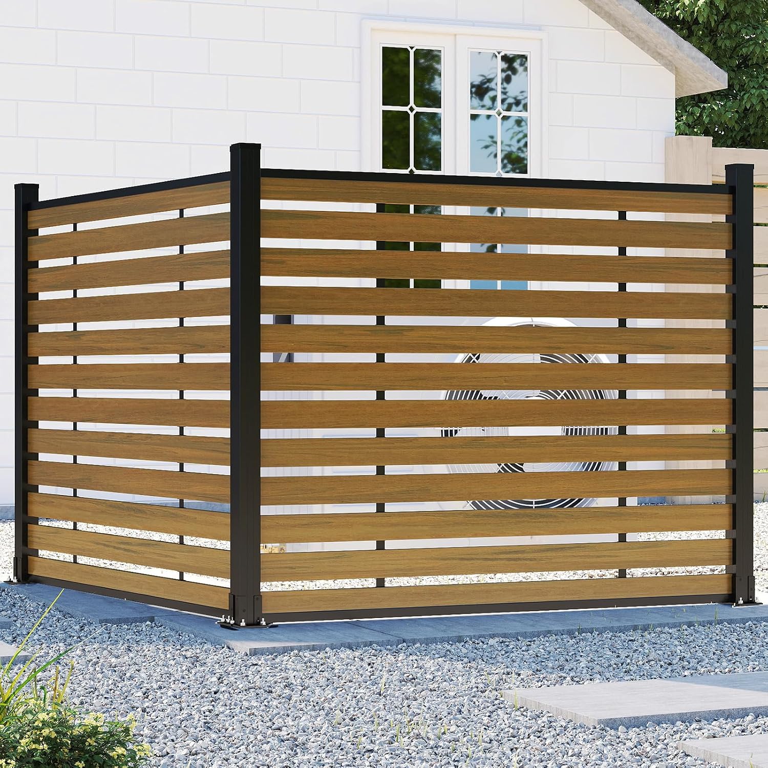(围栏全间隔 ) 72" W x 59" H Outdoor Privacy Screens, Horizontal Lattice Air Conditioner Fence Panels, Wood Plastic Composite No Dig Decorative Fences for Pool Equipment Trash Can(Brown,1 Post)