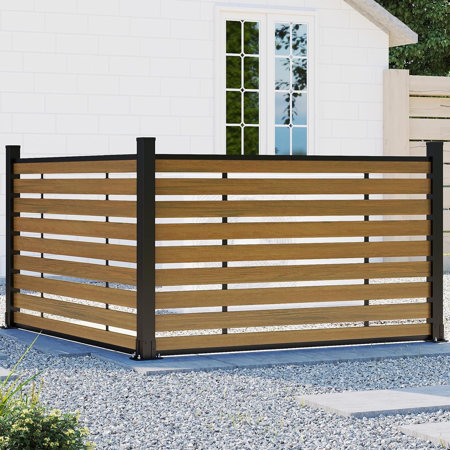 (围栏 全间隔 )Garden Fence, 72" W x 45" H Outdoor Privacy Screens Horizontal Lattice Decorative Fences Wood Plastic Composite Fence Panels No Dig for Front Yard (Gray, 1 Post)