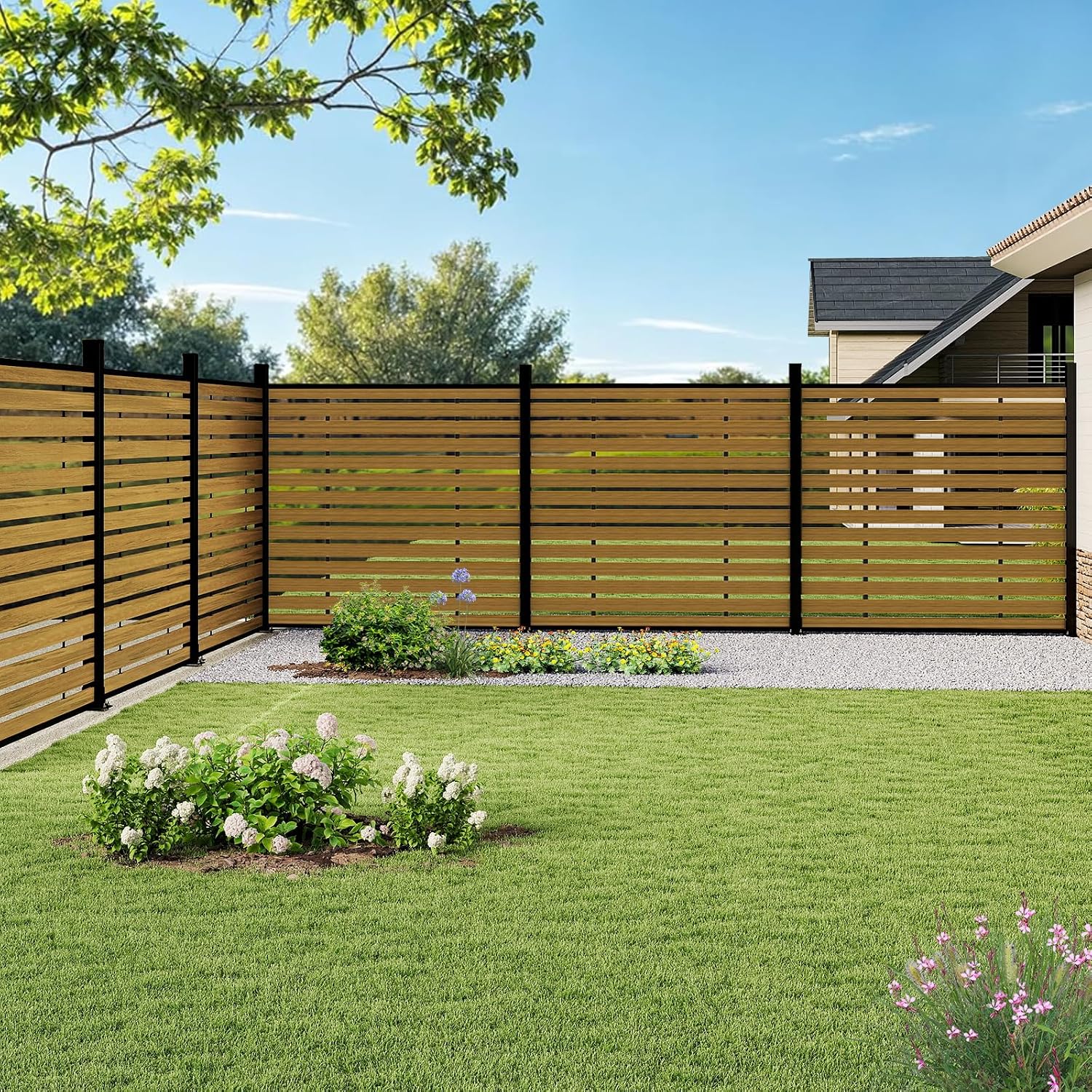 72" W x 72" H Outdoor Privacy Screens, Horizontal Lattice Air Conditioner Fence Panels, Wood Plastic Composite No Dig Decorative Fences for Pool Equipment Trash Can(Gray,1 Post)