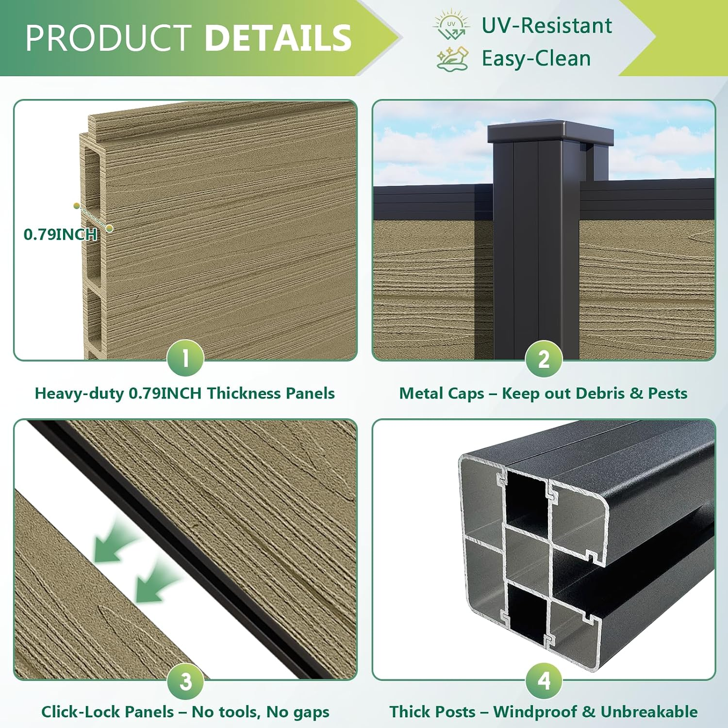 Composite Privacy Fence-Grained Finish(with 6ft ground post)