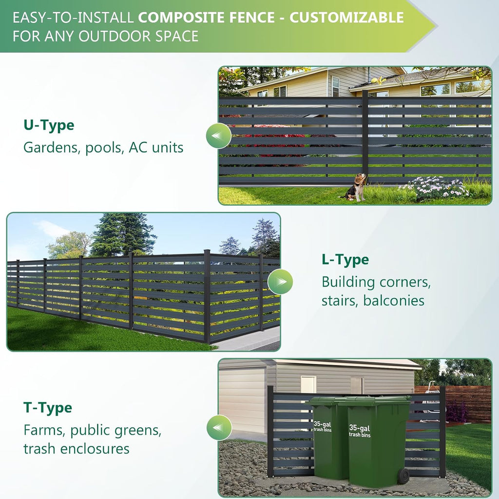 (围栏 全间隔 )Garden Fence, 72" W x 45" H Outdoor Privacy Screens Horizontal Lattice Decorative Fences Wood Plastic Composite Fence Panels No Dig for Front Yard (Gray, 1 Post)