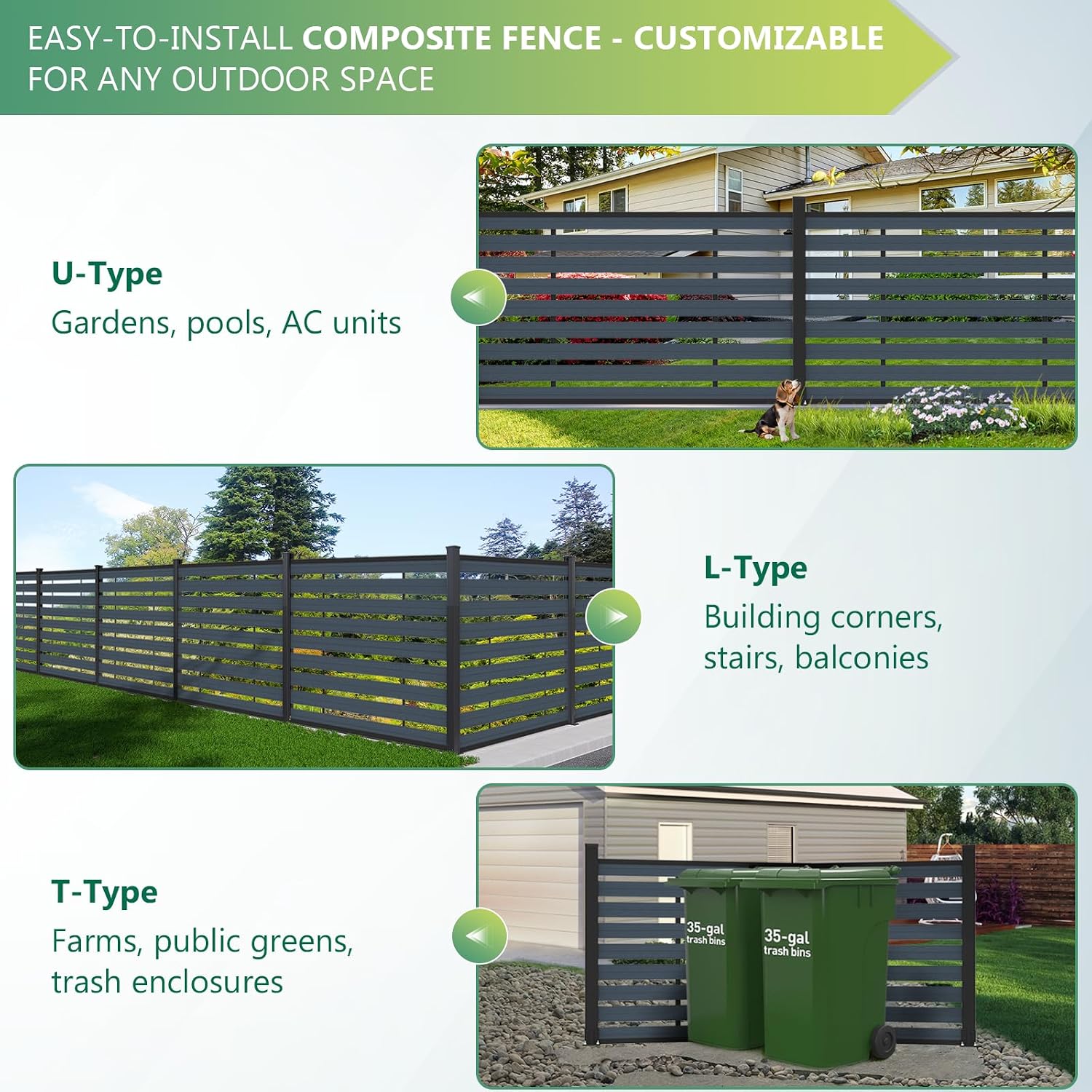 (围栏 全间隔 )Garden Fence, 72" W x 45" H Outdoor Privacy Screens Horizontal Lattice Decorative Fences Wood Plastic Composite Fence Panels No Dig for Front Yard (Gray, 1 Post)