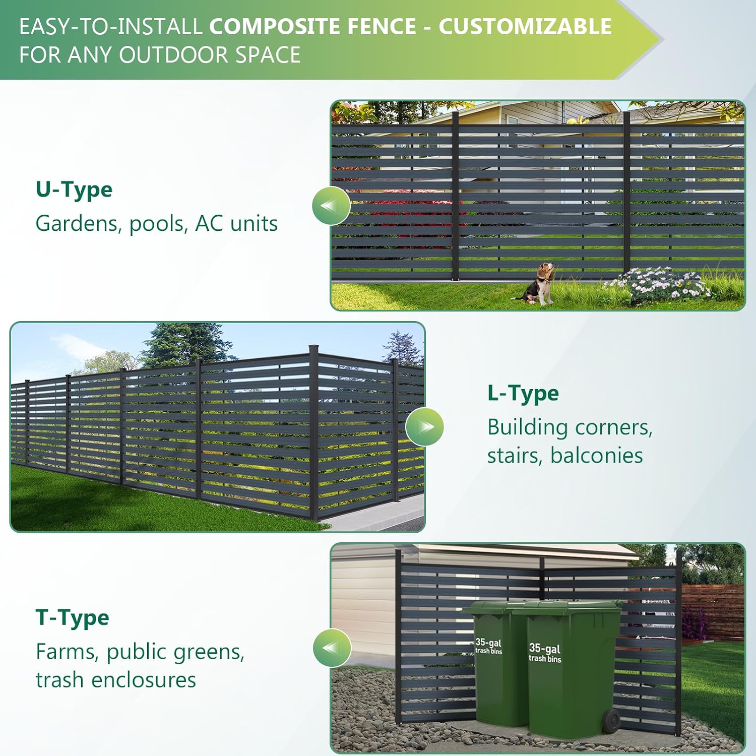 72" W x 72" H Outdoor Privacy Screens, Horizontal Lattice Air Conditioner Fence Panels, Wood Plastic Composite No Dig Decorative Fences for Pool Equipment Trash Can(Gray,1 Post)