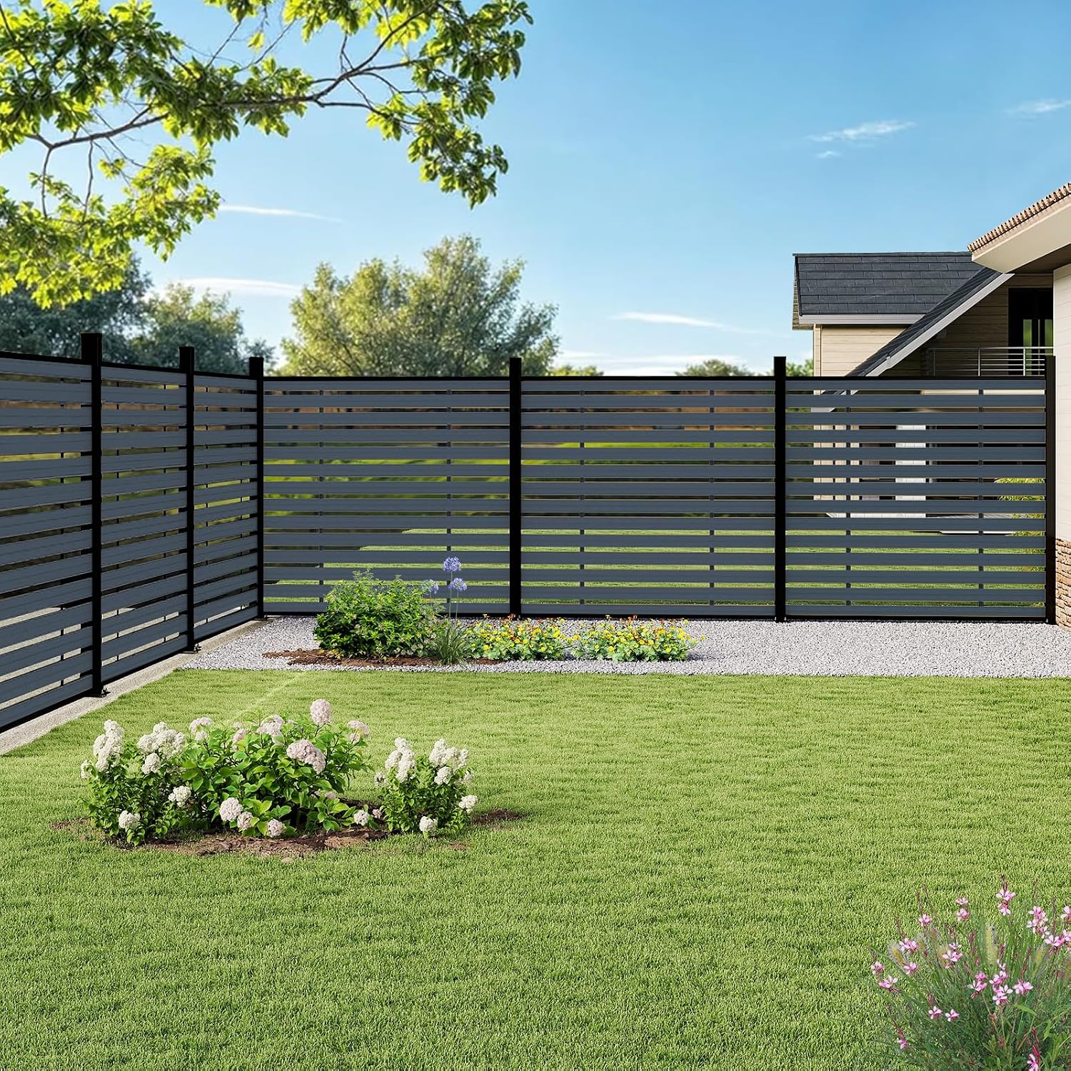 72" W x 72" H Outdoor Privacy Screens, Horizontal Lattice Air Conditioner Fence Panels, Wood Plastic Composite No Dig Decorative Fences for Pool Equipment Trash Can(Gray,1 Post)