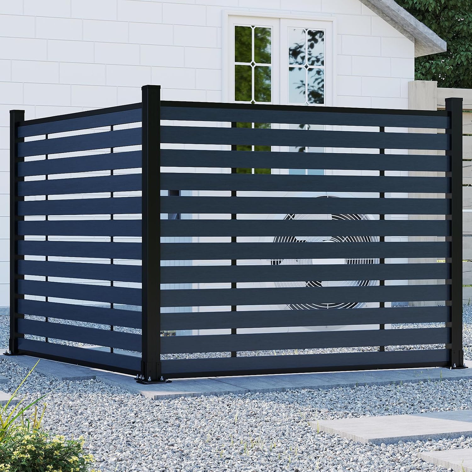 (围栏全间隔 ) 72" W x 59" H Outdoor Privacy Screens, Horizontal Lattice Air Conditioner Fence Panels, Wood Plastic Composite No Dig Decorative Fences for Pool Equipment Trash Can(Brown,1 Post)