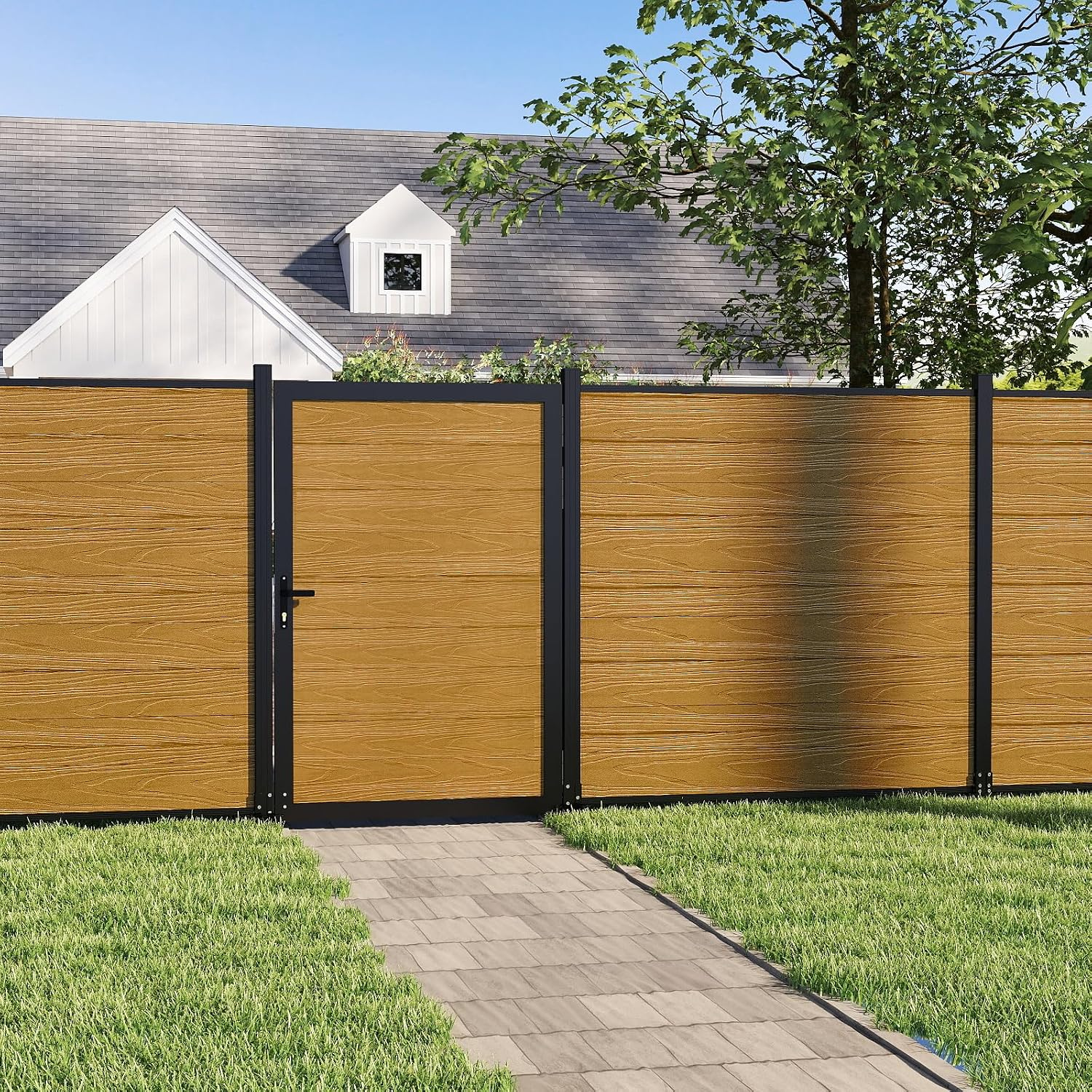 Wood Plastic Composite Gate for Privacy Fence, Fence Gate with Metal Frame and Knob Kits