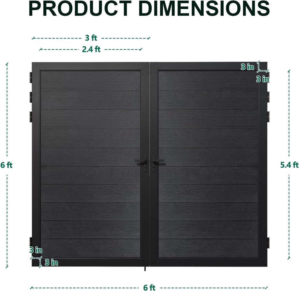 Wood Plastic Composite Gate for Privacy Fence, 6ft(H)*6ft(W) Double Fence Gate with Metal Frame and Knob Kits, Black