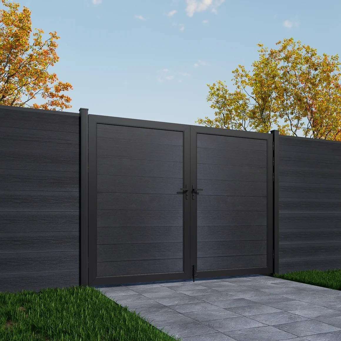 Wood Plastic Composite Gate for Privacy Fence, 6ft(H)*6ft(W) Double Fence Gate with Metal Frame and Knob Kits, Black