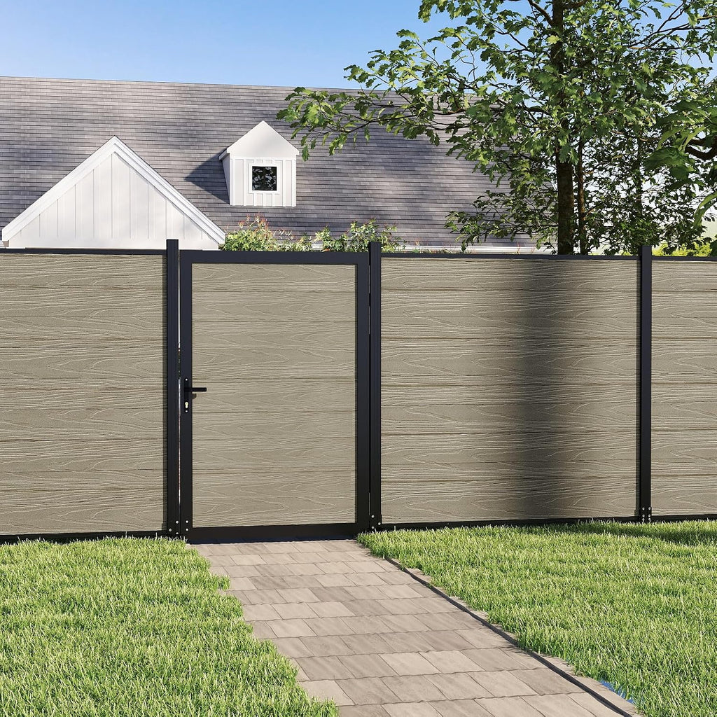 Wood Plastic Composite Gate for Privacy Fence 6ft(H)*4ft(W), Fence Gate with Metal Frame and Knob Kits, Ancient Wood (Without Post)